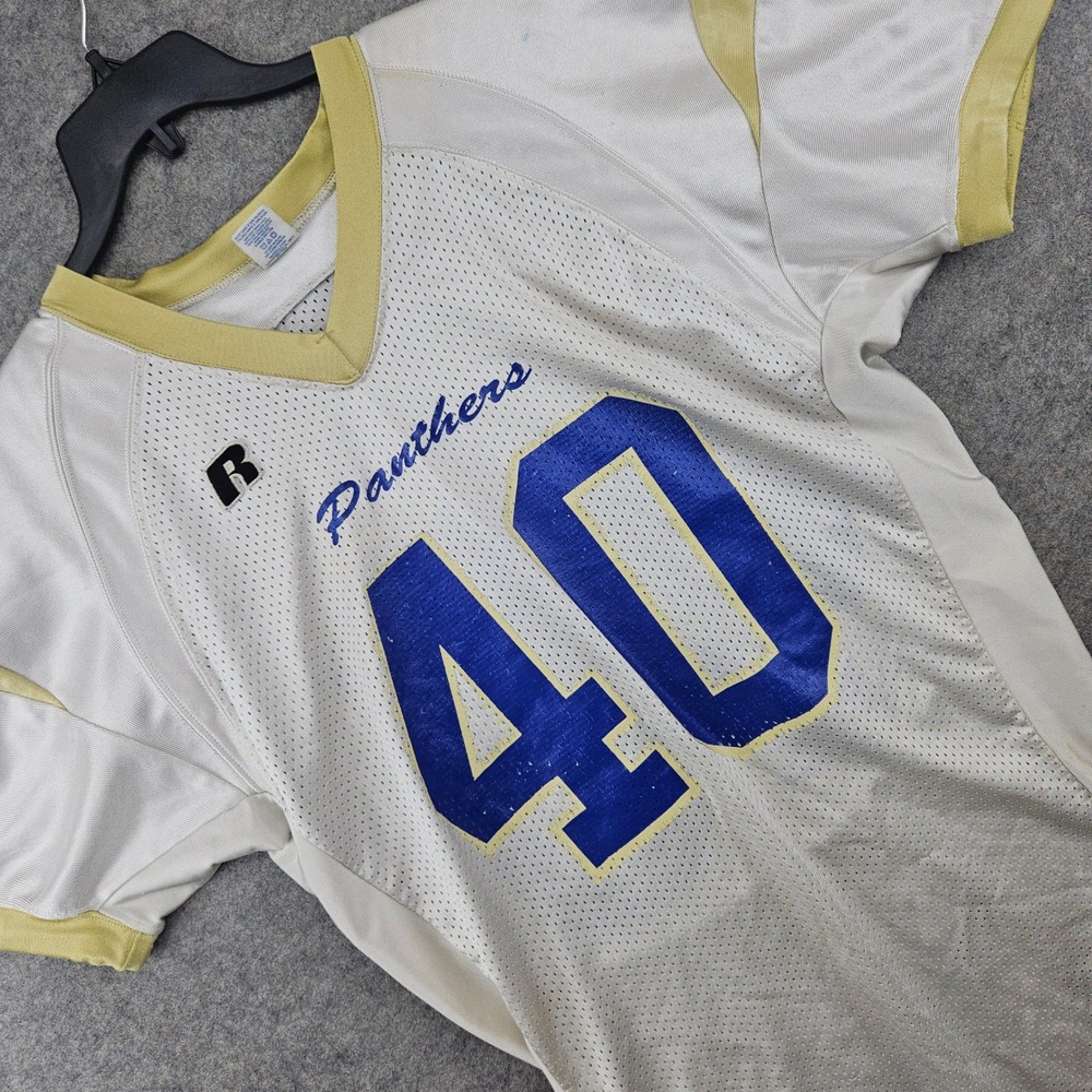 Russell Athletic Football Jersey Men's White Gold Size L Panthers 40 Mesh V-Neck